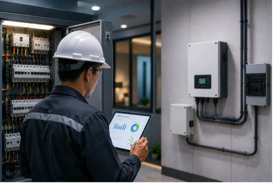 Technician reviewing energy assessment data